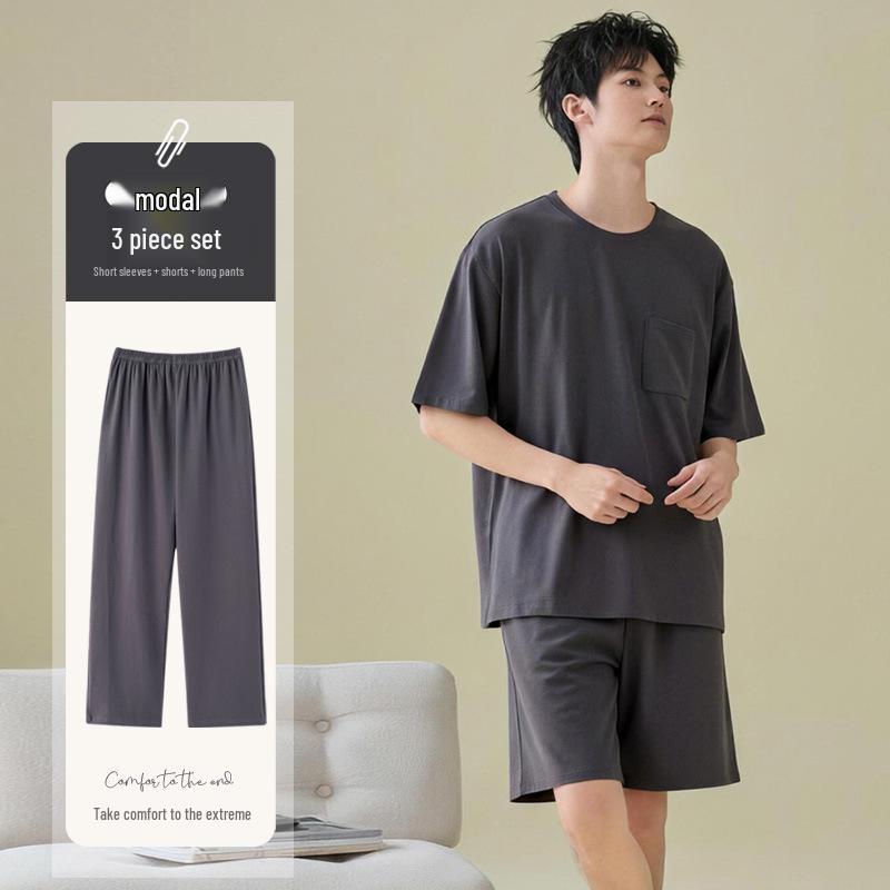 Men s Summer Modal Pajama Set: Cool-Touch, Short Sleeve Top & Long Pants, Casual Outdoor Loungewear. XL (recommended 60-70 kg)