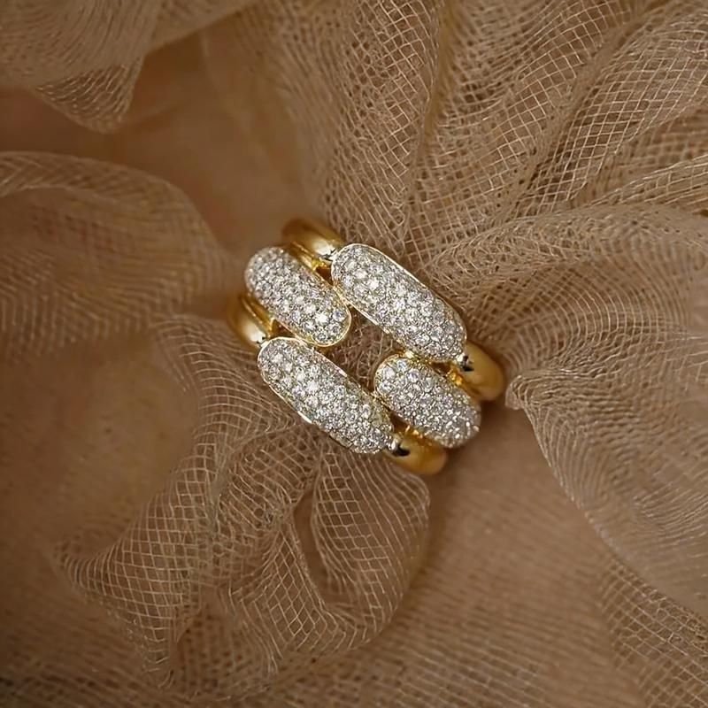 Huitan Chain Design Women Ring Hollow Design Gold Color Wedding Party Accessories Inlaid Bright CZ Elegant Daily Jewelry Gift