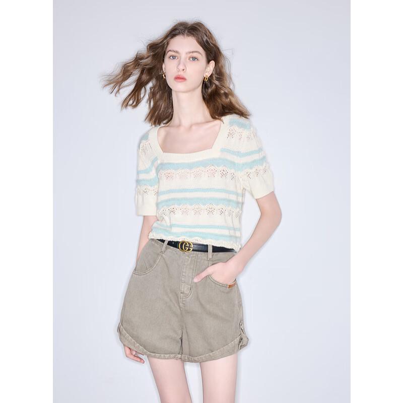 Sancai Women's 2025 Summer Hollow-Out Crochet Striped Square Neck Short Sleeve Knit Top