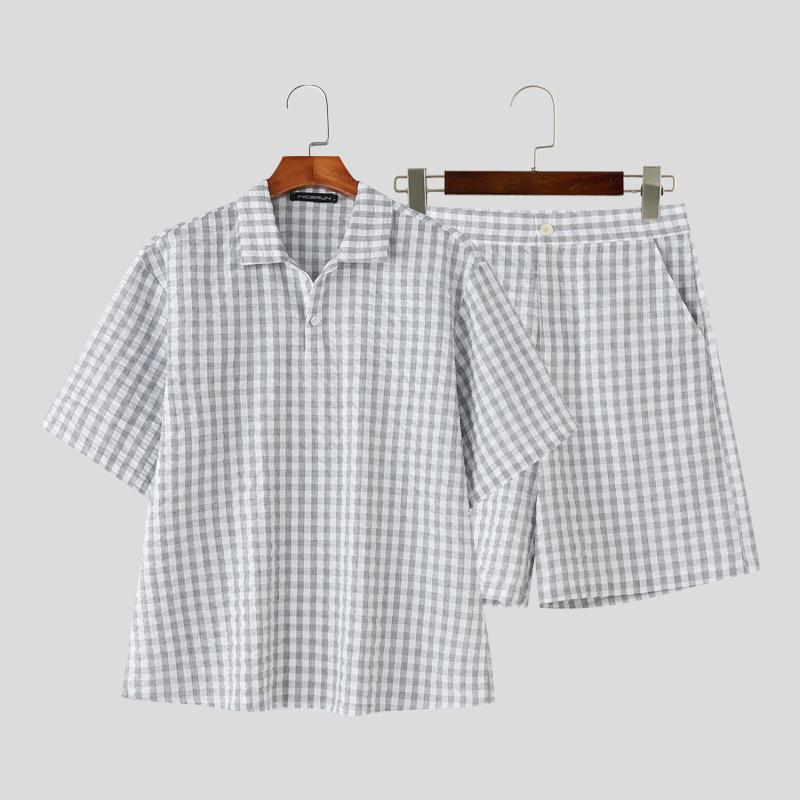 

INCERUN Two Piece Sets Summer Plaid Men Short Sleeve Shirts Shorts Pants Outfits Home Wear 4XL серый