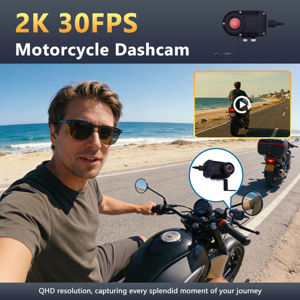 2K HD Motorcycle Dash Cam with WiFi, Image Stabilization, and IP66 Waterproof.