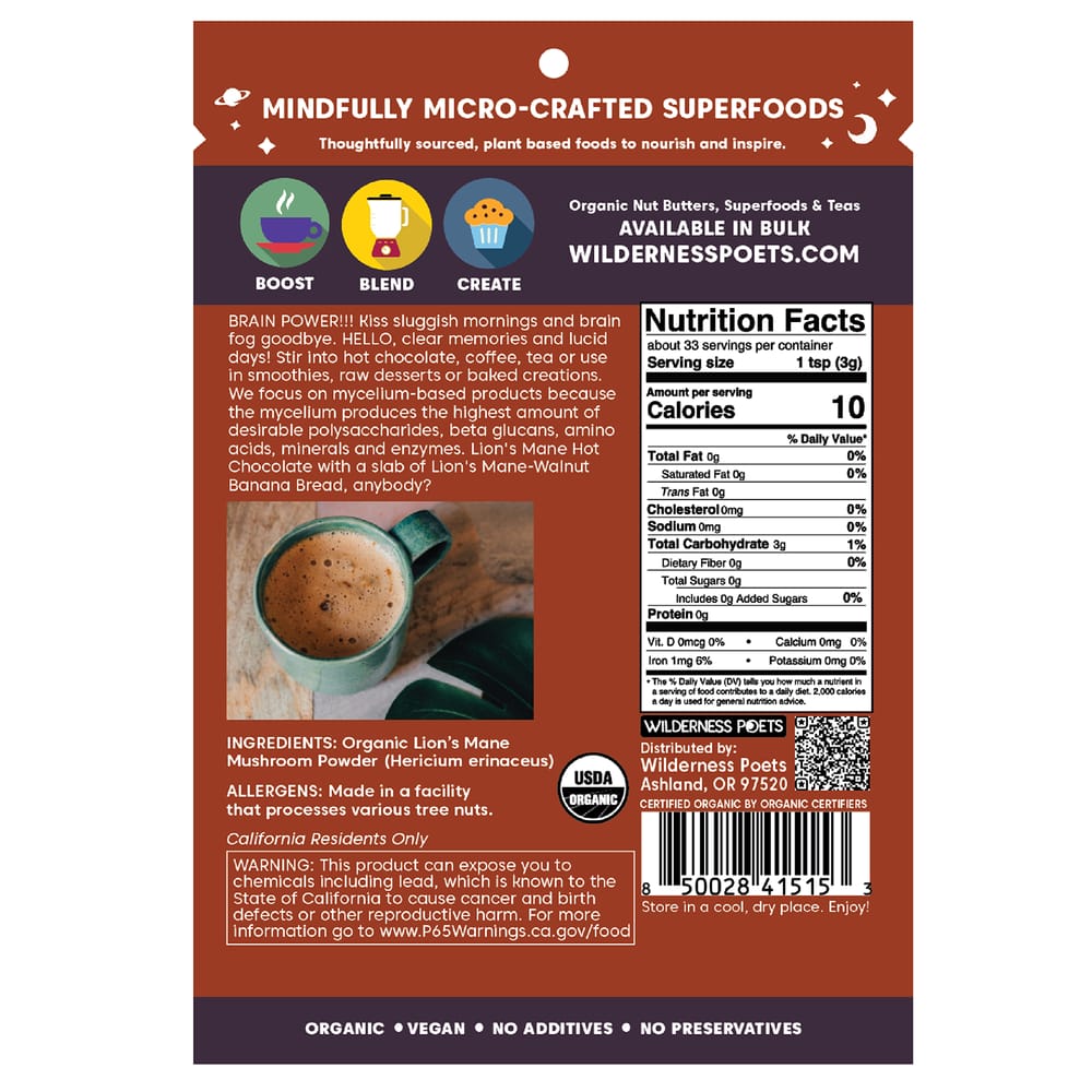 WildnessPoets Lion's Mane Mushroom Powder 99g (3.5oz)