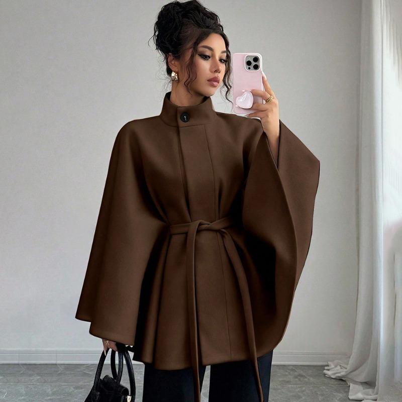 Women Elegant Stand Collar Belted Cape Style Polyester Coat