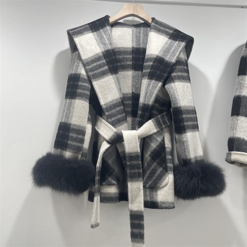 

Дизайн женской одежды, высококачественное шерстяное пальто, осенне-зимнее черно-белое клетчатое пальто из натуральной шерсти M
