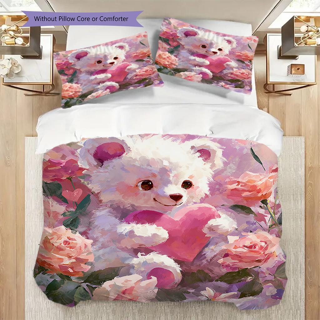 Bear Doll Pattern Bedding Quilt Set Quilt Cover Pillowcase Home Decoration Birthday Gift (1 * duvet cover + 2 * pillowcase, without core)