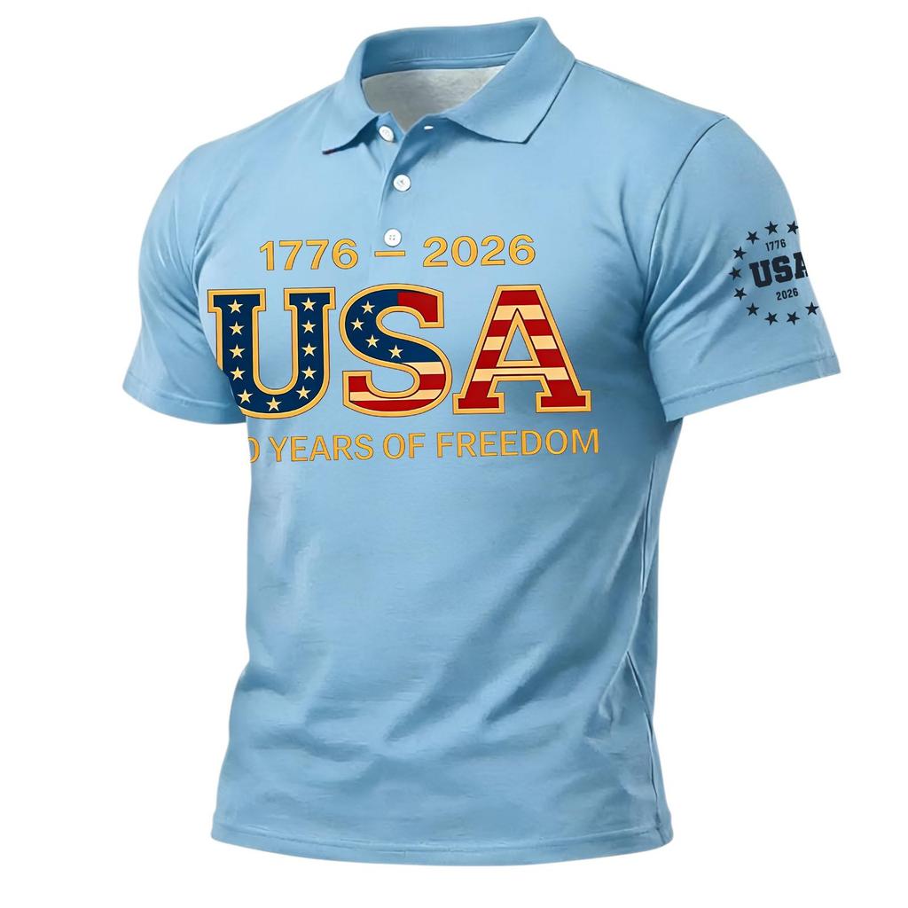 Men’s Short Sleeve Polo Shirt with USA 250 Years of Freedom Letter Print Classic Fit Soft Fabric Casual Top