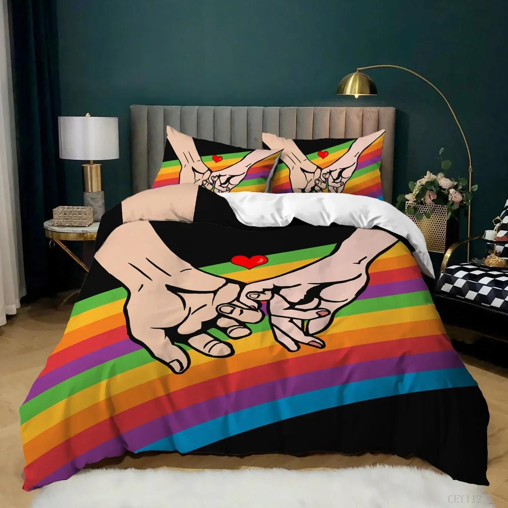 Regenbogen-Bettbezug, KingQueen-Size, LGBT, abstraktes Regenbogen-Herz-Bettwäscheset für Mädchen und Frauen, bunte Linien, weicher Bettbezug