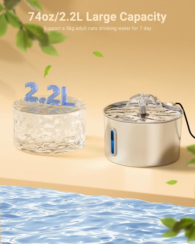 2.2L Stainless Steel Pet Water Dispenser with Dual Outlet Mode and Flower Outlet Design Makes Pets Enjoy Drinking Water More