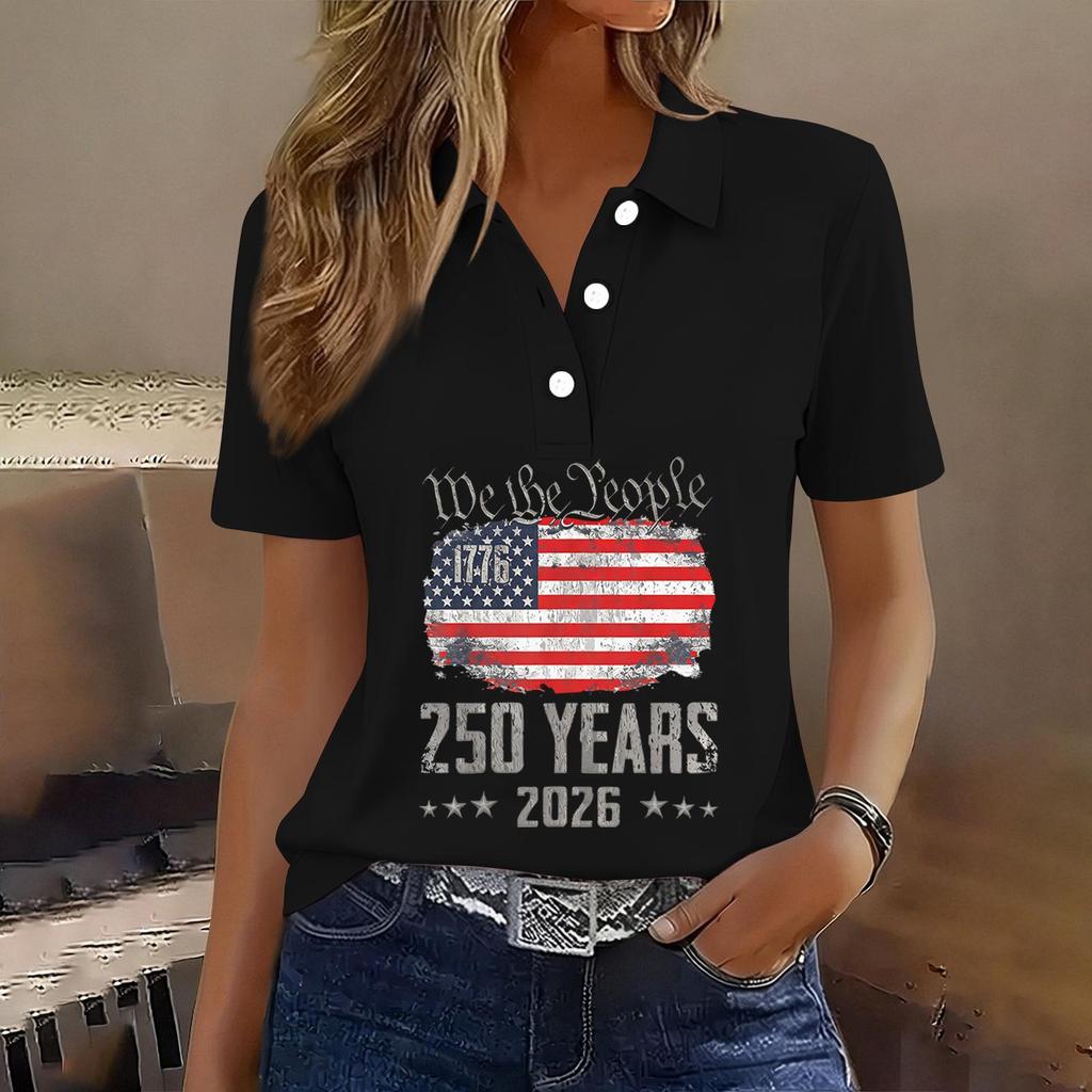 Damen Freizeit Kurzarm Hemd mit Knöpfen 250. Jubiläum Grafikdruck Polo Top für Unabhängigkeitstag Feier 2026 Gedenk-T-Shirt