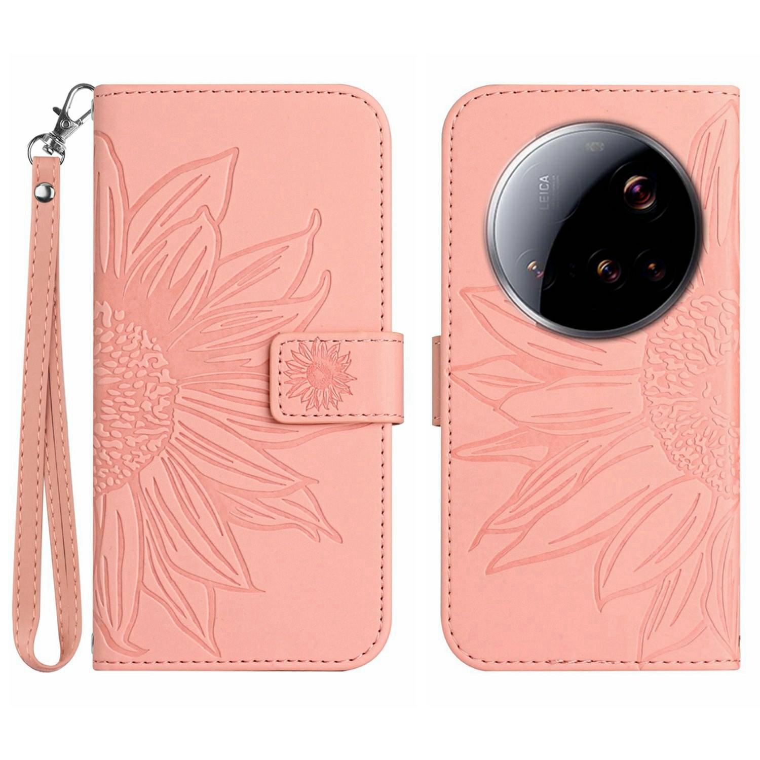 

For Xiaomi 15 Ultra Case Sunflower Imprint Leather Wallet Phone Cover with Wrist Strap Light Pink