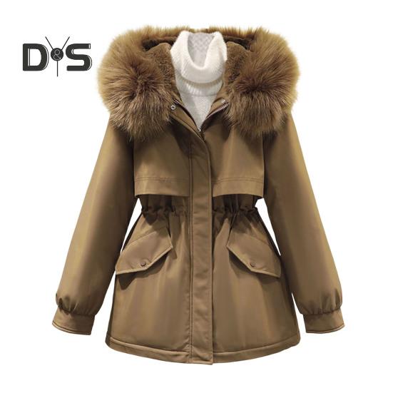 Winter Women Jacket Furry Hood Thickened Plush Long Sleeves Elastic Waist Pockets Zipper Closure Coat Mid Length Windproof Warm Overcoat