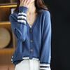 Women's Pure Cashmere Striped V-Neck Cardigan - Loose Fit Slimming Knit Sweater (100% Wool) for Autumn & Winter