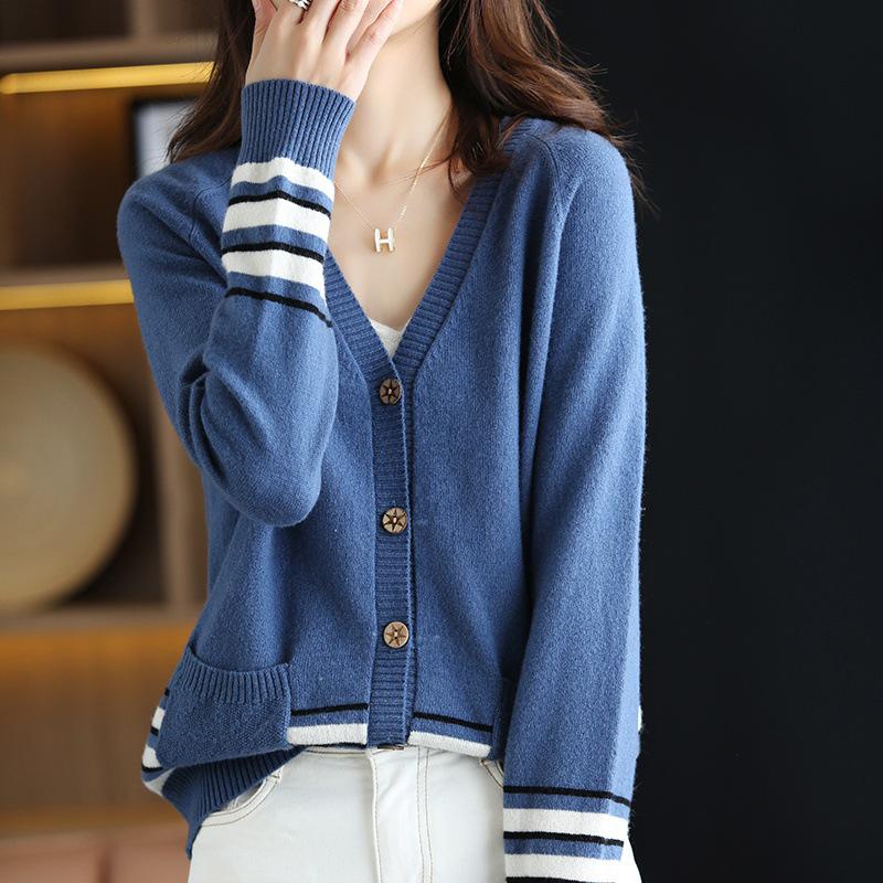 Women's Pure Cashmere Striped V-Neck Cardigan - Loose Fit Slimming Knit Sweater (100% Wool) for Autumn & Winter