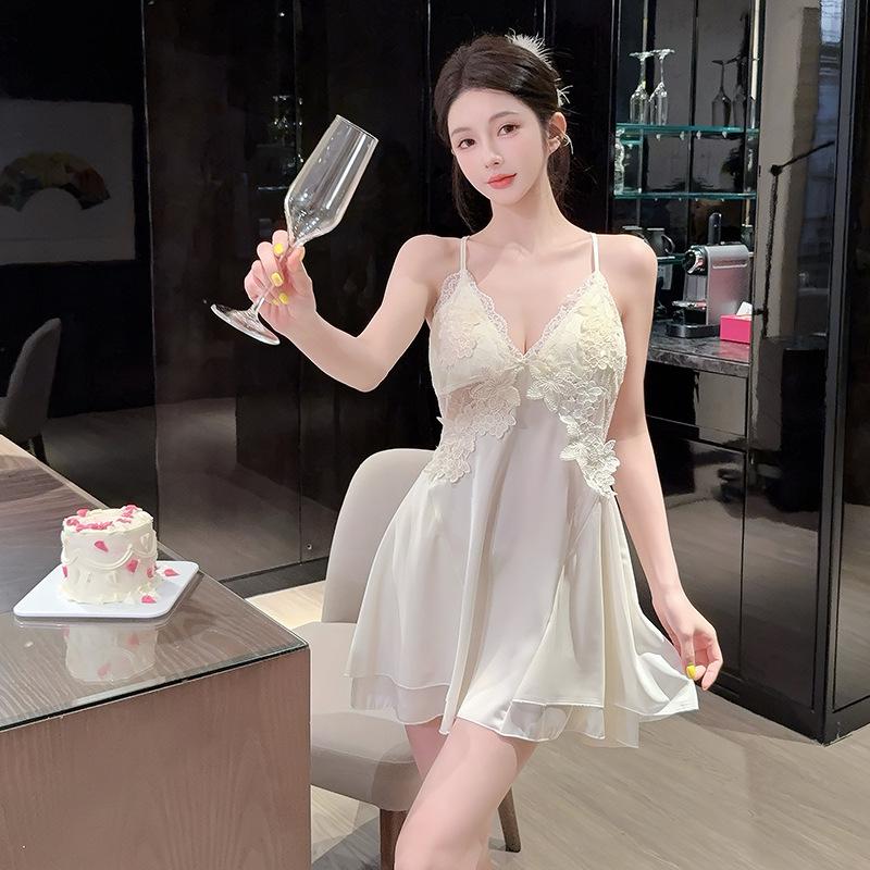 Women's Ice Silk Lace Trim Camisole Nightgown Two-Piece Set with Breast Pads for Spring & Autumn