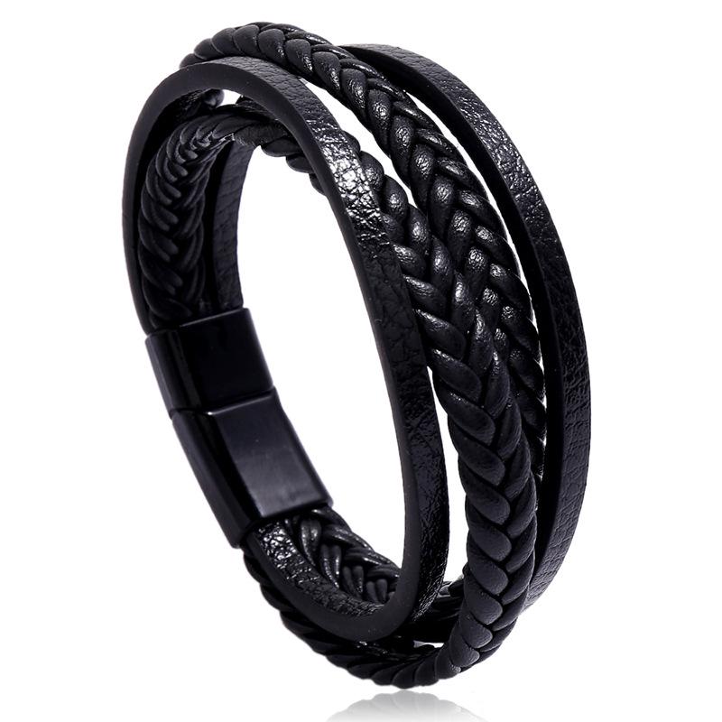 

Men s Minimalist Multi-Layer Woven Leather Bracelet with Magnetic Buckle - European and American Style, Imitation Cowhide