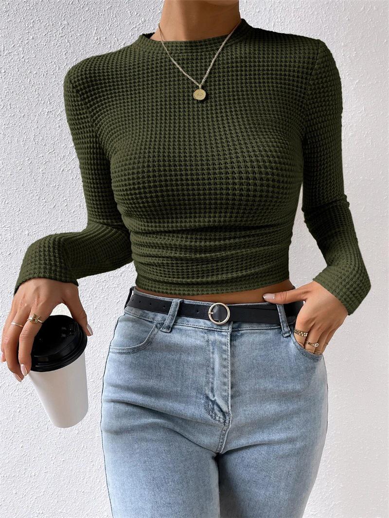 Women s Plaid Ruffle Long-sleeve Round Neck Slim-fit T-shirt for Autumn/Winter Small зелёный