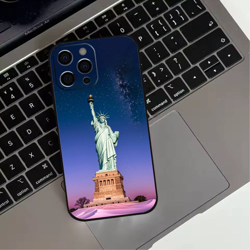 America USA Flag S-Statue Liberty  Phone Case For iPhone 17,16,15,14,13,12,11 Plus,Pro Max,XS,Soft Silicone Black Cover