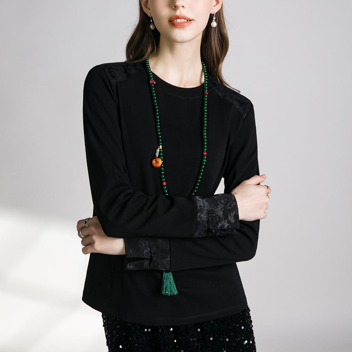 

Черный топ высокого класса, атласная вставка, летняя новинка, жаккардовый, пуговица-диск, круглый вырез M чёрный