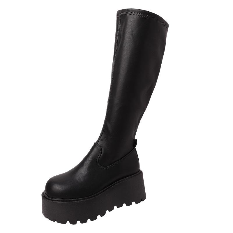 Fashion heightening platform leather boots Internet celebrity explosion boots women's autumn and winter retro versatile solid color thin fashion boots