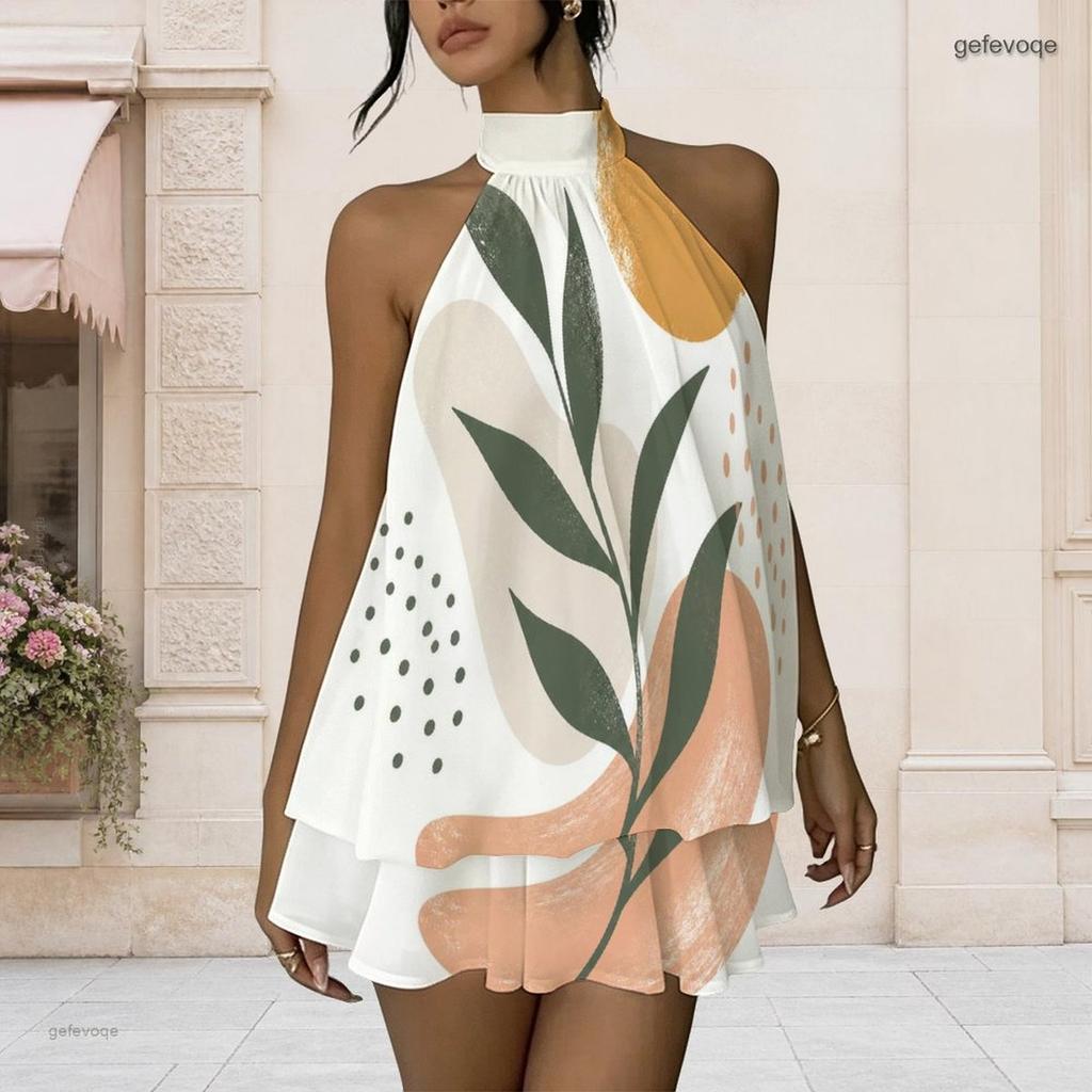 Women Plus Size Halter Backless Fake Two Piece Dress Sun Wave Heartbeat Element Print Mini Dress