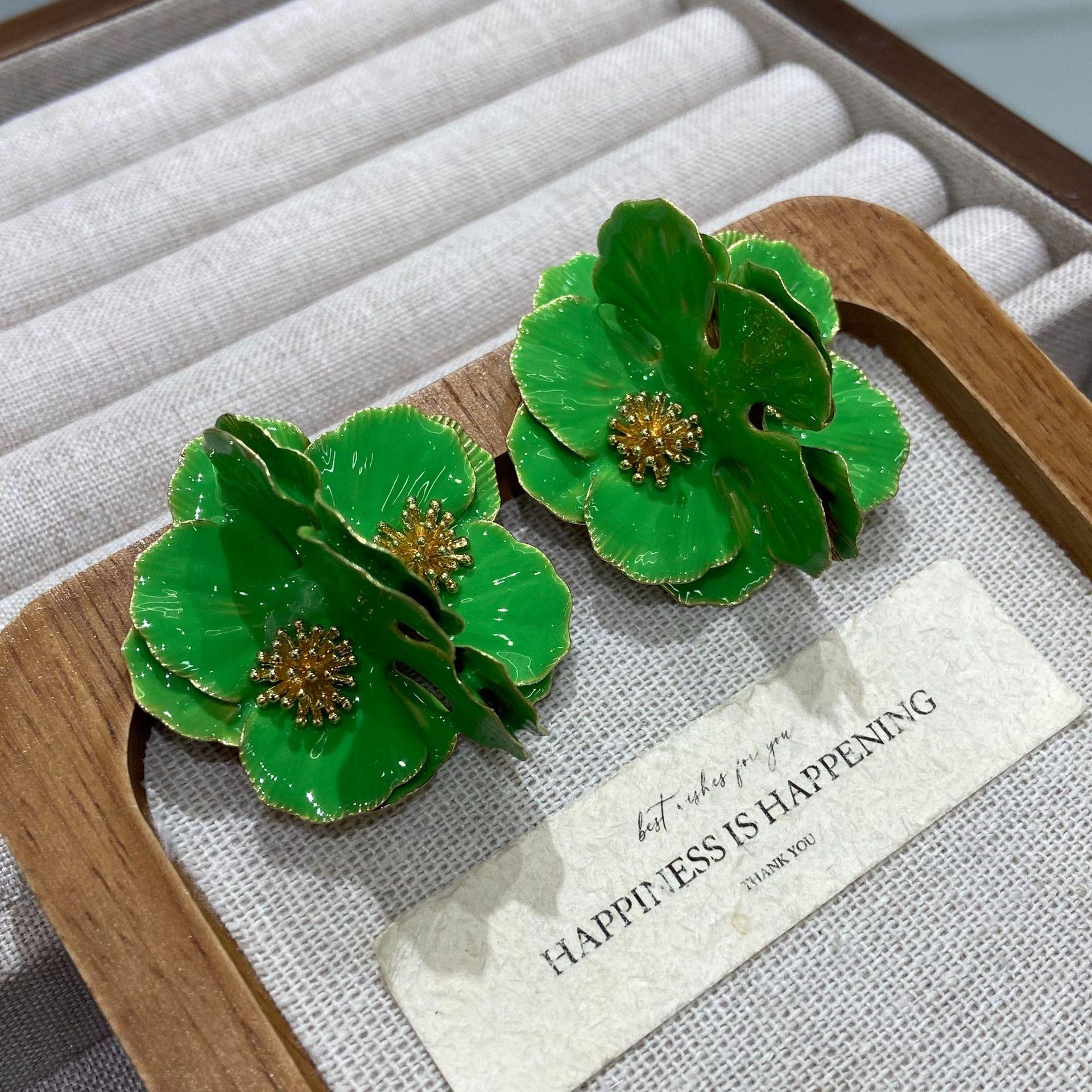 

French Retro Design Dripping Oil Red Peony Flower Stud Earrings Women White Rich Flower Earrings Women