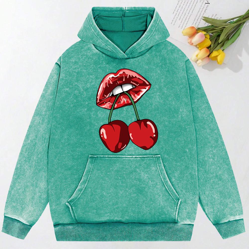 Cherries In The Mouth Printing Women Hoody Pocket Fashion Pullover Casual Oversized Hoodie Comfortable Cotton Sweatshirt