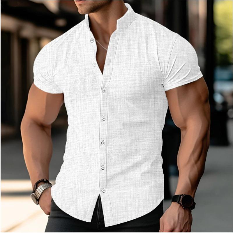 Camicia Estiva da Uomo Casual a Maniche Corte con Collo a Revers Tinta Unita Top in Cotone e Lino