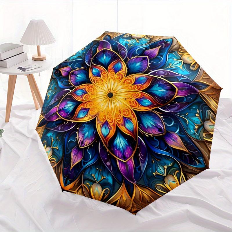 Mandala, Abstract Art Automatic Folding Umbrella  Simple Eight Rib Design, Bright Color Pattern, Durable Iron Frame, Ideal for Travel and Ou