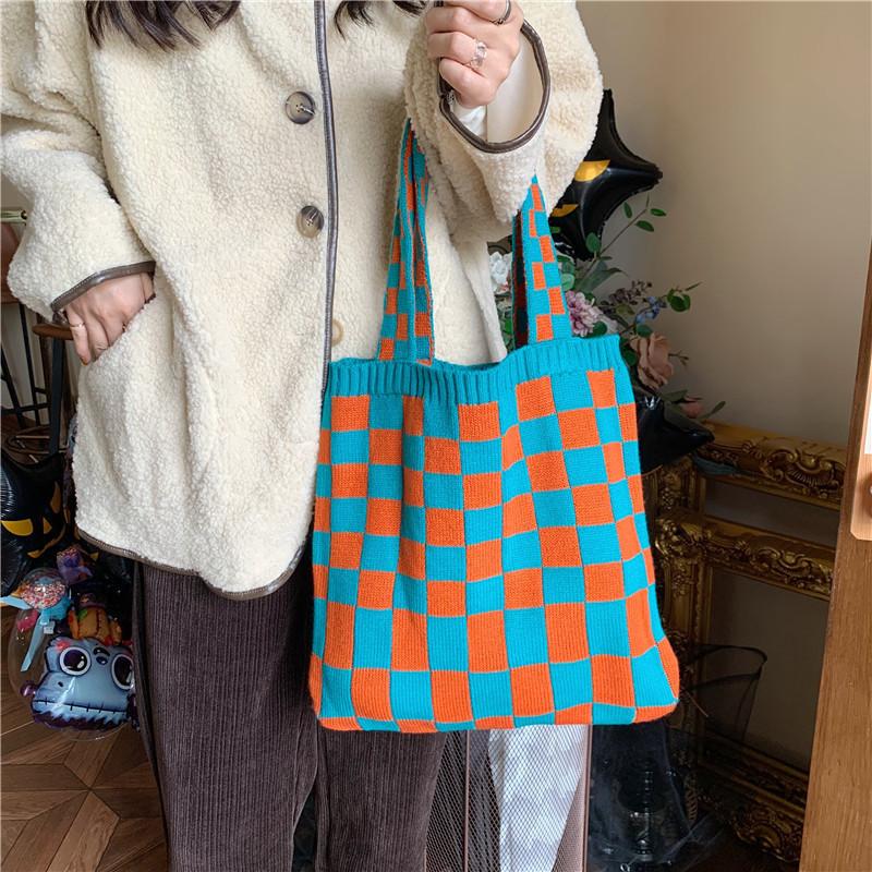 Sac cabas à carreaux en tricot style coréen tendance pour femmes Tissu doux