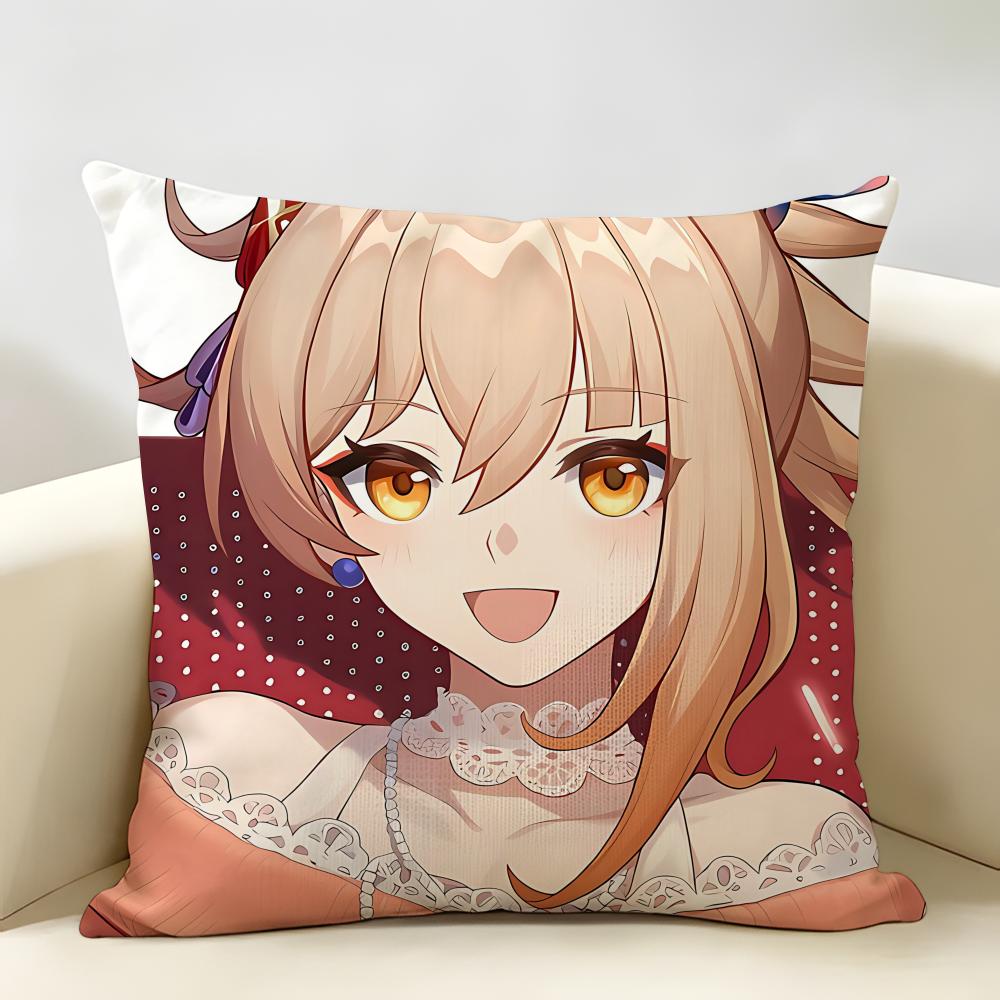 Yoimiya Genshin Impact Cushion Cover Natural Linen Organic Fabric DoubleSided Printing Room Sofa Decor Pillow Case
