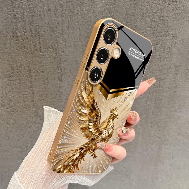 Diamond Decorated Phoenix Pattern 2D Phone Case for Samsung S26 S25 S24 S23 S22 S21 S20 A56 A36 A16Golden Glass Protective Cover
