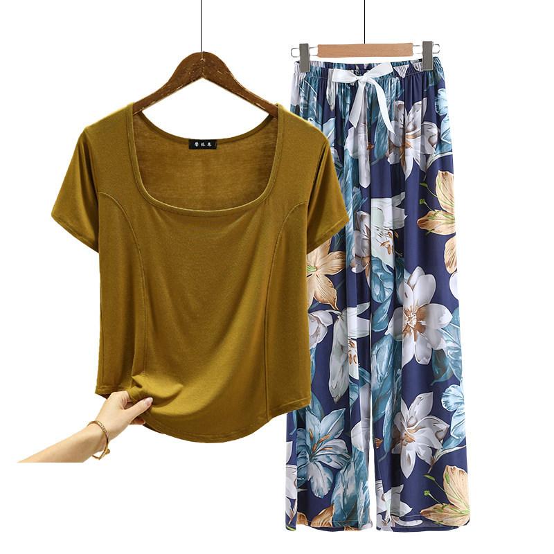 Fashion U Nek Tshirt and Floral Wide leg pants Summer fashion homewear 2pcs suit Loose Casual pajamas set comfort loungewear plus size