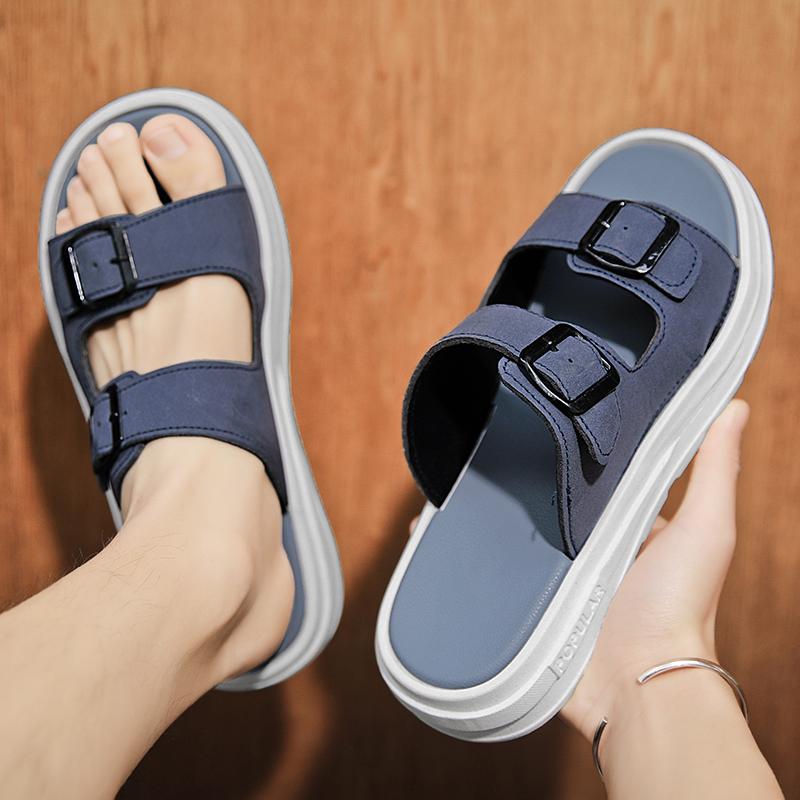2024 New Summer Men's Soft Soles Slippers Suede Leather Slippers Man Indoor and Outdoor Two Buckle Beach Slides Footwear for Men