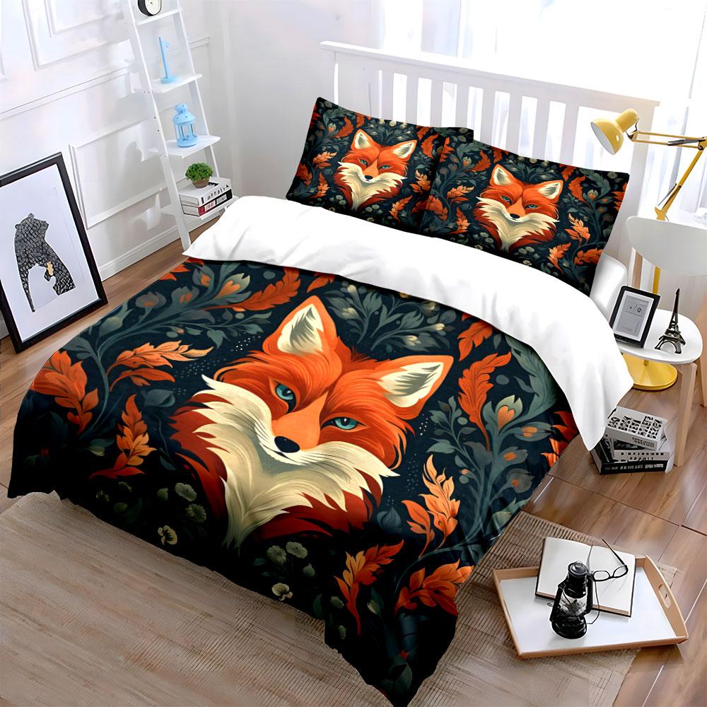 Fiery Red Fox And Botanical Print Bedding Set For Kids Luxury Gift 3Pcs Digital Print Comforter Set Soft Comfortable Breathable