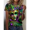 Full Print Women Mardi Gras Mask Pattern T Shirt Casual Short Sleeve Crew Neck Tees Shirt New In Party Tshirts Women's Clothing