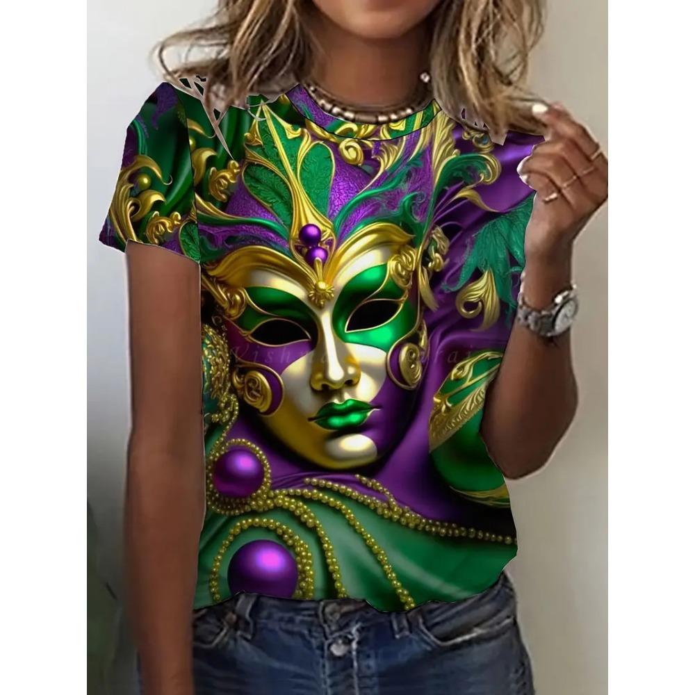 Full Print Women Mardi Gras Mask Pattern T Shirt Casual Short Sleeve Crew Neck Tees Shirt New In Party Tshirts Women's Clothing