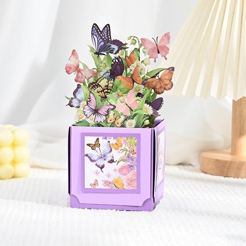 3D Pop-Up Birthday Greeting Card Purple Butterfly Flower Greeting Card with Envelope Creative Gift for Kids Adult Family Friend