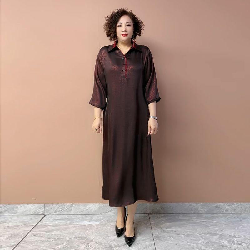Women’s Silk Dress Summer Lapel Plus-size Dress Solid Color Soft Skin-friendly Breathable Silk Long Dress