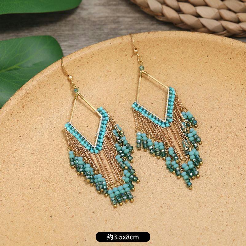 Hand-woven Bohemian Earrings Retro Personality Vacation Long Fringed Temperament Earrings Women
