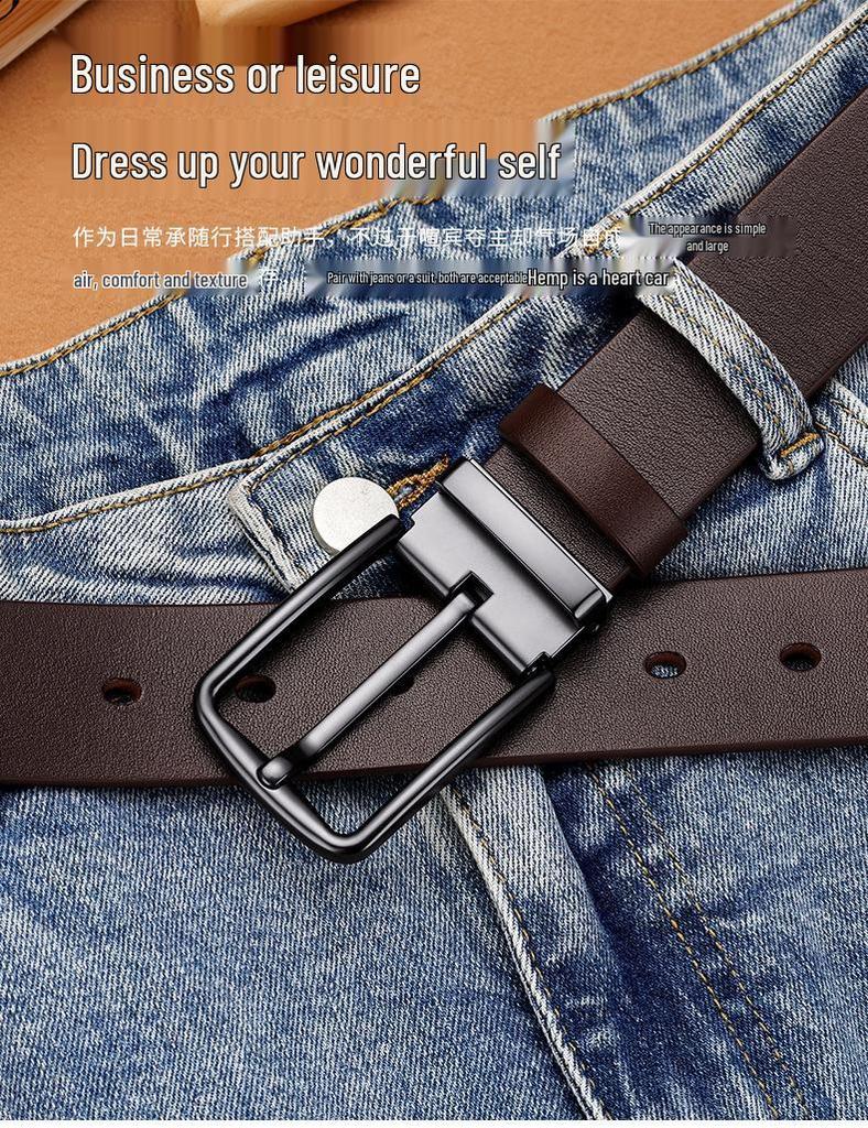 Men's Genuine Leather Minimalist Black Belt with Pin Buckle - Adjustable Fashion Trend