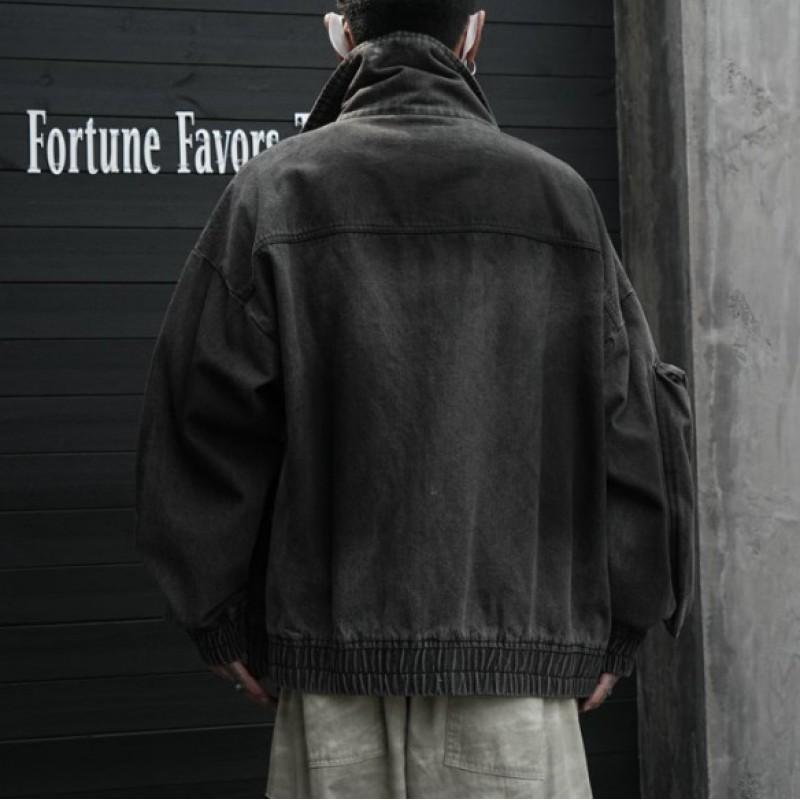 Distressed Metal Button Denim Jacket With Raw Hem Deconstructed Design Streetwear Oversized Collar Workwear Style