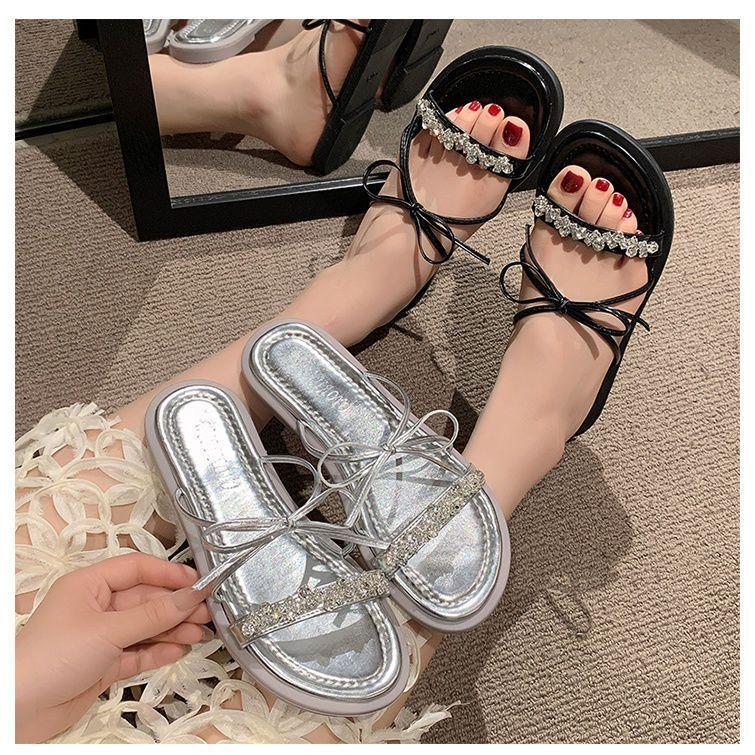Rhinestone premium French small sandals one-word drag 2025 new summer wear fairy style bow slippers girl