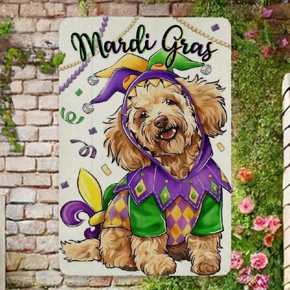 Colorful Mardi Gras Metal Sign - Masquerade Dog Wall Art, Durable 2D Decor for Home, Bar, Office & Outdoor Parties