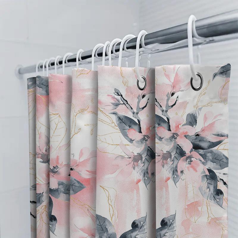 Luxury Watercolor Floral Shower Curtain Pink Black Decorative Bathroom Fabric Waterproof Liner For Bathtub Or Knees High Hangers