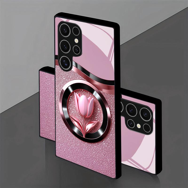 Stylish Shiny Pink Tulip Glass phone case mobile phones fashion phone cases for Samsung Galaxy S26 S25 S24 S23 S22 FE Ultra Plus