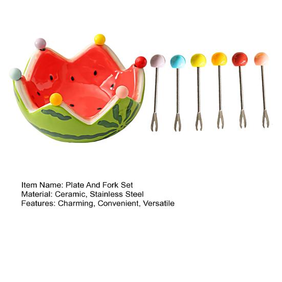 Fruit Plate And Fruit Fork Set Ceramic Watermelon Bowl with Stainless Steel Fork Multipurpose Kitchenware for Fruit Dessert Snacks