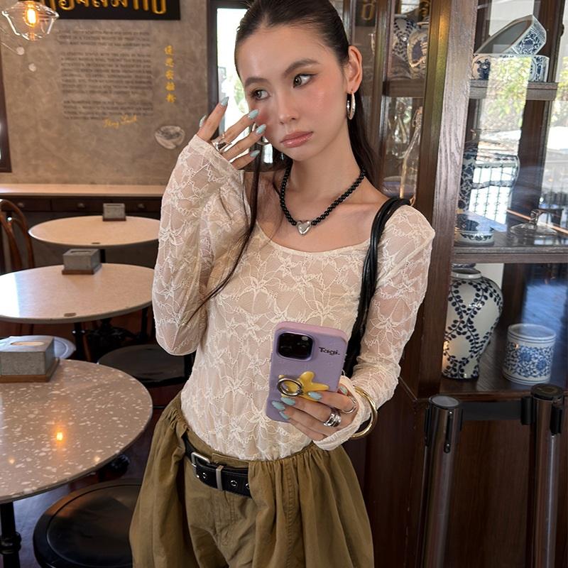 

Fashionable Double-layer Lace Slim-fit Long-sleeve Blouse M слоновая кость