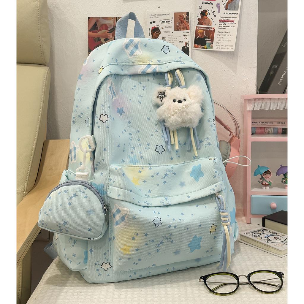 Schoolbag New Macaron Star Printed Backpack Middle School Girl Sweet School Bag Large Capacity Lightweight Backpack