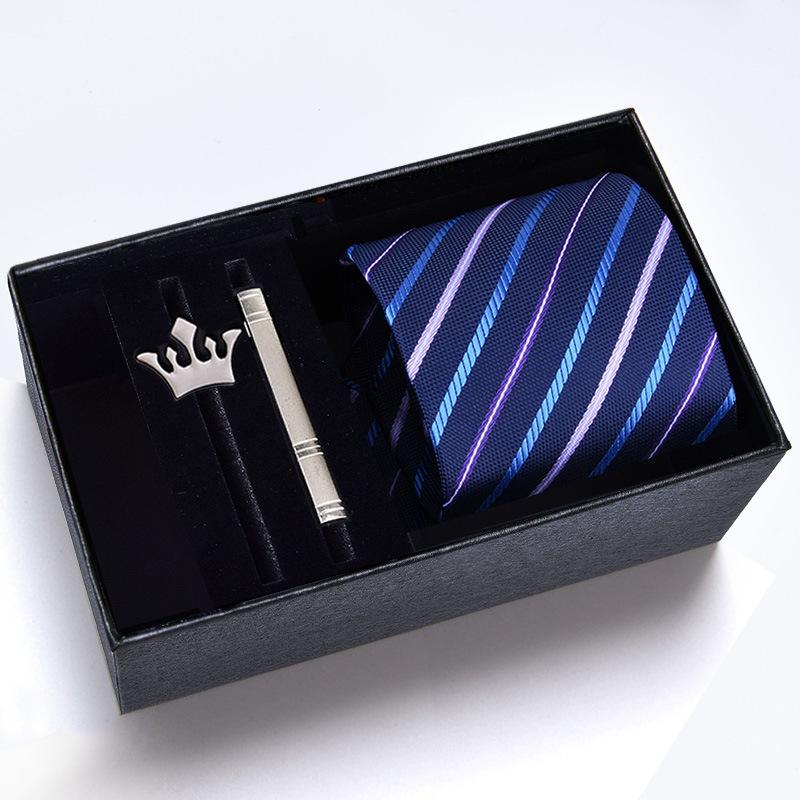 Gift Box Men'S Tie Four-Piece Set, Can Add Formal Business 8Cm Striped Black Wedding Groom