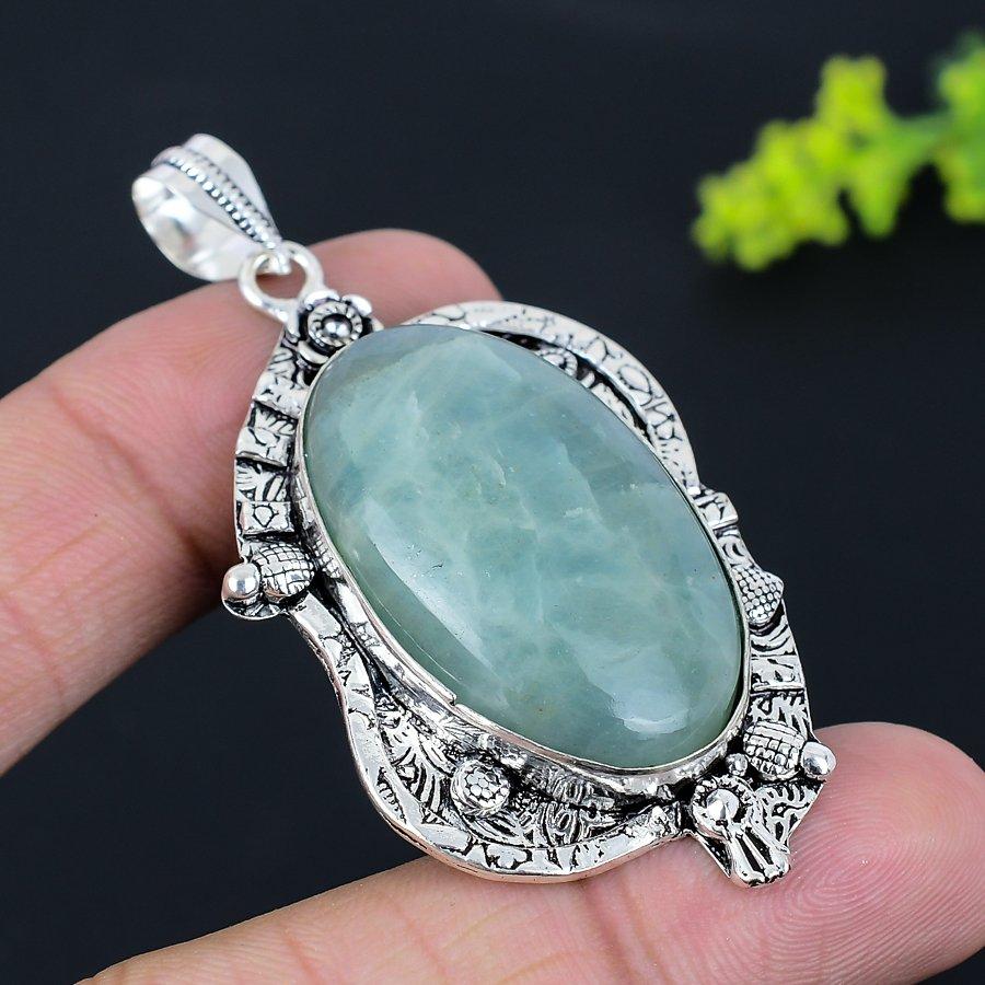 Natural Aquamarine Gemstone Handmade 925 Sterling Silver Pendant 2.56" c4N84